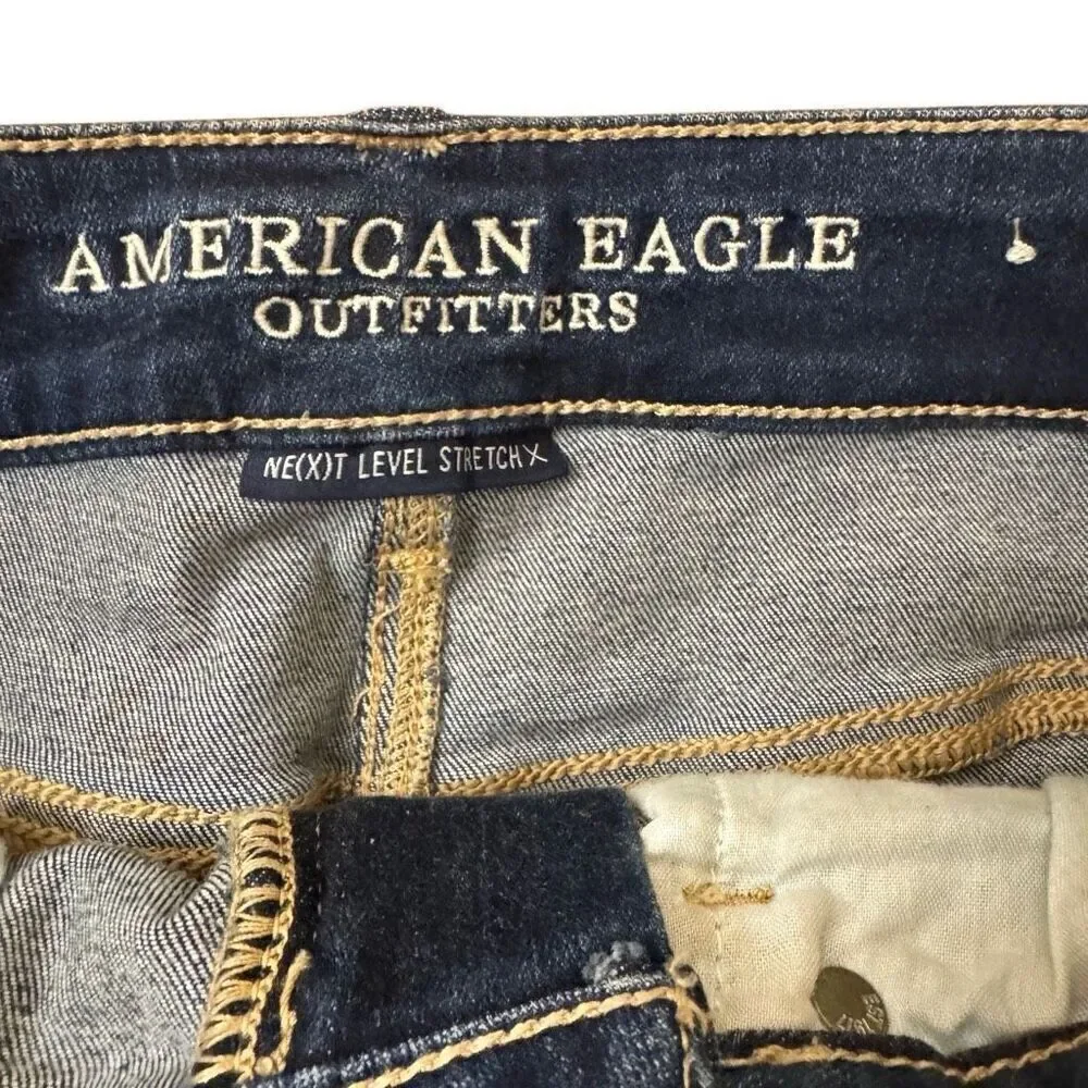 American Eagle Hi-Rise Shortie Short Dark Wash Distressed Floral Embroidery Sz 4